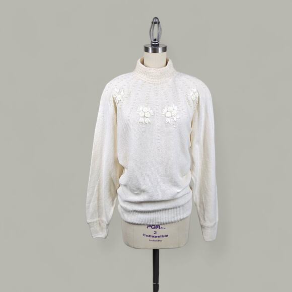 VTG Avon Fashions Silk Angora Ramie Blend Sweater M Ivory Pearl Accents READ - Picture 1 of 14